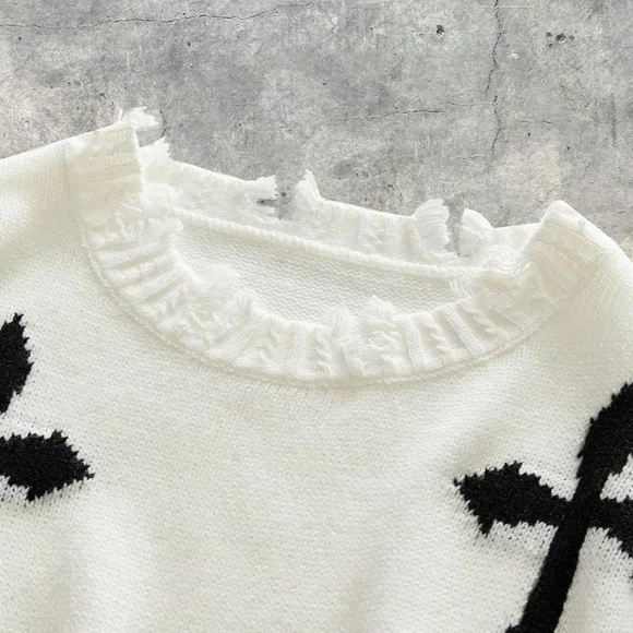 Men's White and Black Cross Pattern Sweater